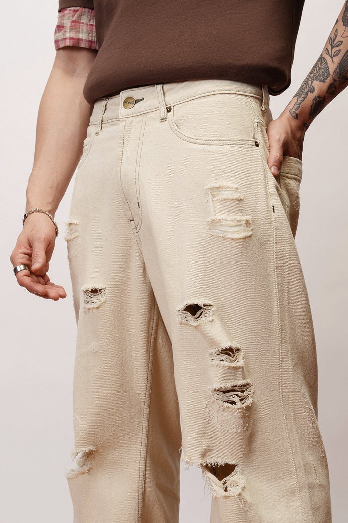 Dewy ecru distressed men's baggy straight jeans