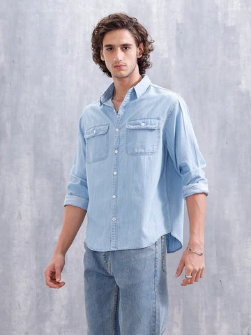 NORULES® Comfort Fit Double Pocket Solid Shirt | Blue