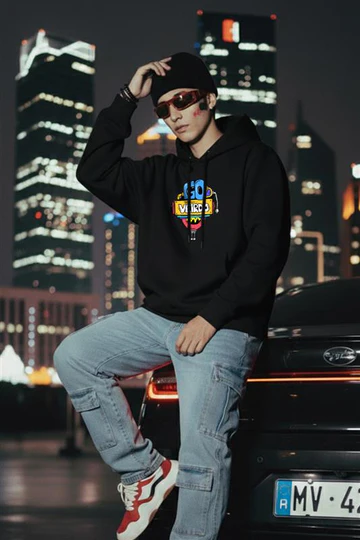 Doodle Black Back Printed Regular Fit Hoodie