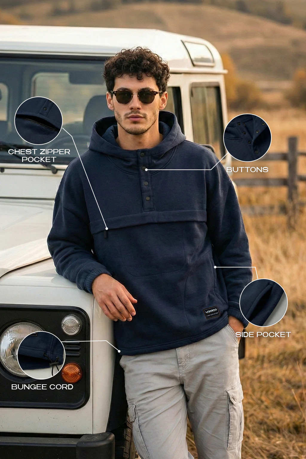 Navy Oversized Plain Button-Neck Pullover Hoodie