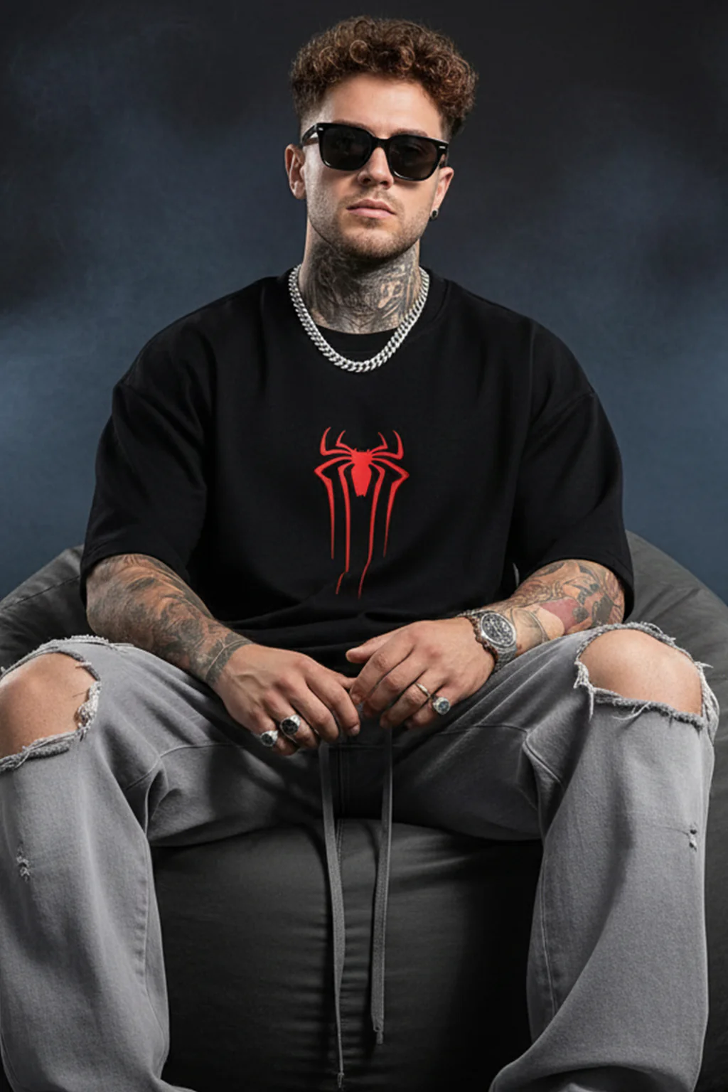 Spiderman Black Oversized Back Typographic Printed T-shirt