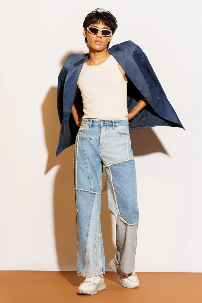 Blue frayed panel men's straight jeans